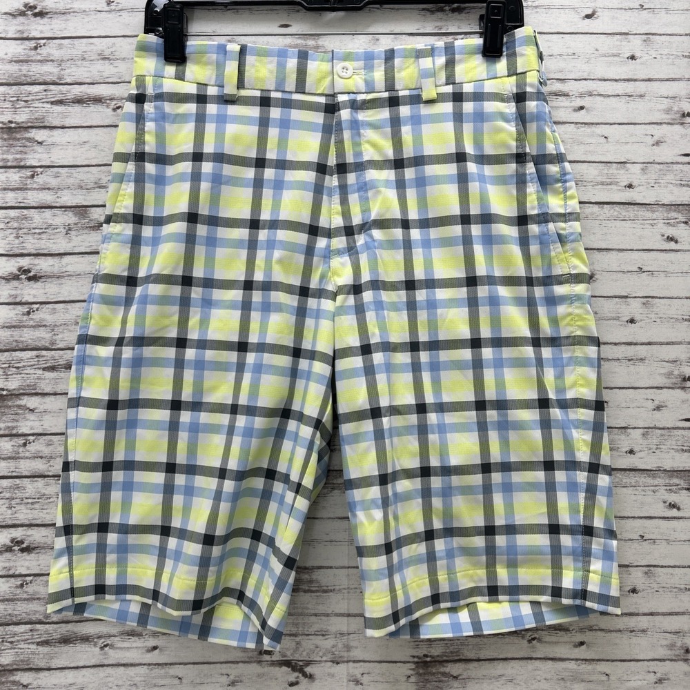 Nike Golf Dri Fit Plaid Shorts Men's 28 Plaid Neon Green Inseam 11" Performance